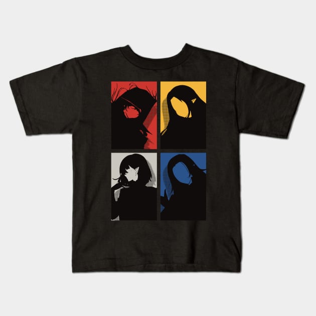 All The Main Characters In The Eminence In Shadow Anime In A Cool Black Minimalist Silhouette Pop Art Design With Their Names Symbol In Colorful Background Kids T-Shirt by Animangapoi